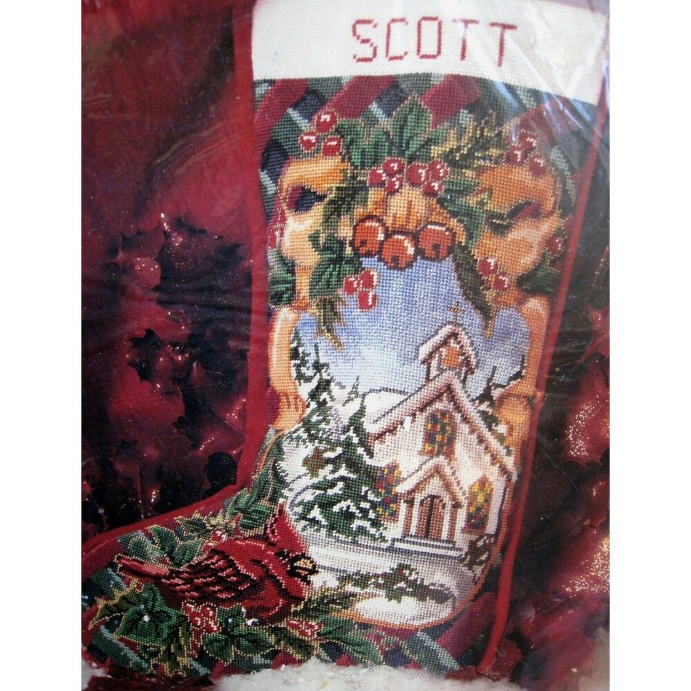 CANDAMAR Needlepoint Stocking Kit CARDINAL + CHURCH #30788 Christmas Holiday